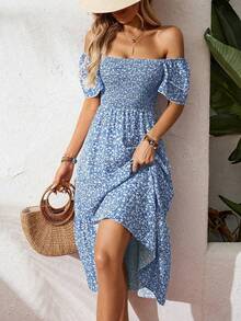 New Cross-Border Success In Europe And America: Long Floral Dress With Square Neck And Puff Sleeves. - Blue - View 1