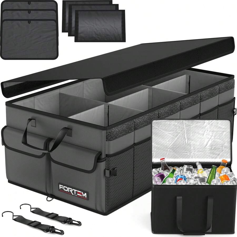 FORTEM Car And SUV Trunk Organizer - Car Storage Organizer - Large Foldable Box With 2 Compartments - Non-Slip Base - Adjustable Straps - Removable Lid (Black) - Gray - View 1