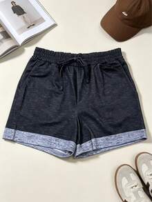 Marled Knit Drawstring Waist Shorts Casual Black Summer - Black - View 6