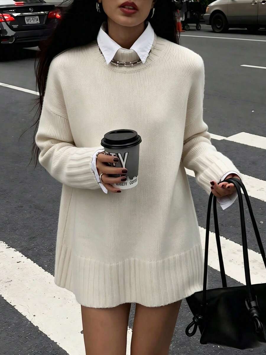Women's Autumn/Winter Round Neck Dropped Shoulder Long Sleeve Casual Daily Street Commute Loose Mid-Length Sweater - White - View 1