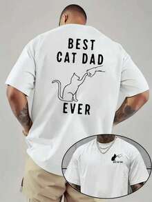 Camiseta "El Mejor Papá de Gatos de Todos", cuello redondo casual, moda masculina, algodón de 220 gsm, estampada por ambos lados (1 pieza) - Blanco - Ver 1