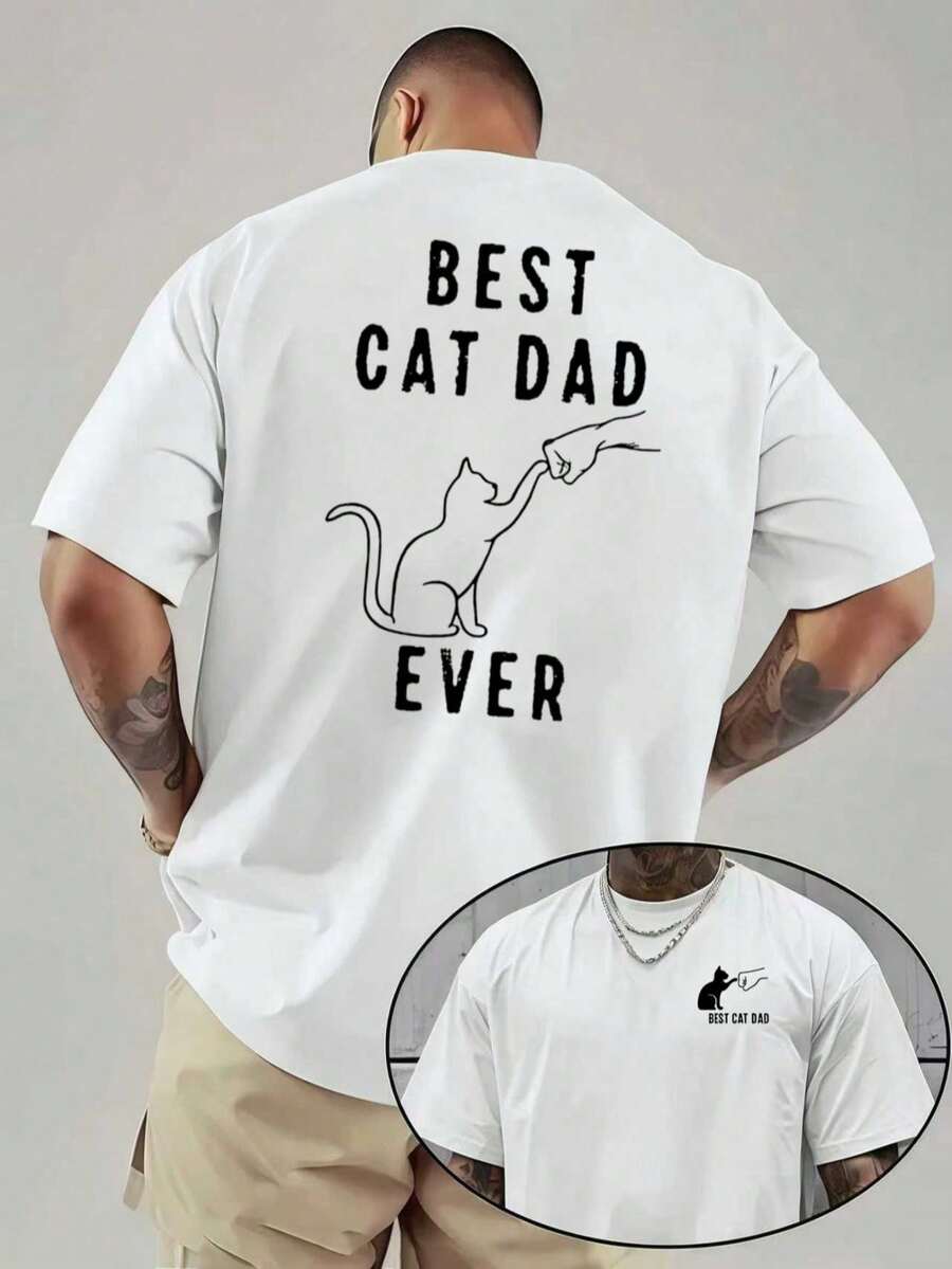 Camiseta "El Mejor Papá de Gatos de Todos", cuello redondo casual, moda masculina, algodón de 220 gsm, estampada por ambos lados (1 pieza) - Blanco - Ver 1