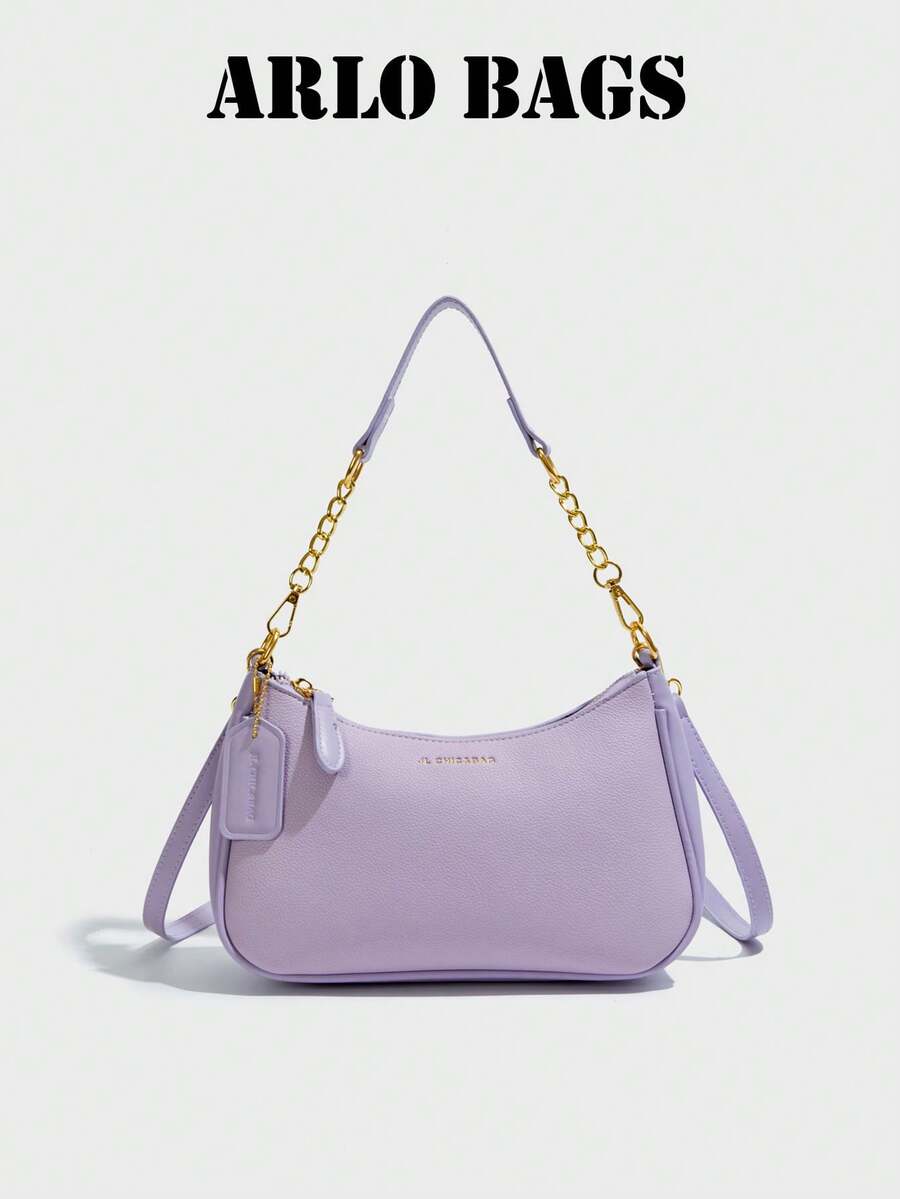 Fashion Solid Color Shoulder Bag, Top Handle PU Chain Splicing Shoulder Strap, Pendant Decoration, Suitable For Students, Teachers, Educators And Young Fashion Enthusiasts, Perfect For Work, Commute, Travel, Vacation, Evening Party And Various Occasions - Purple - View 1