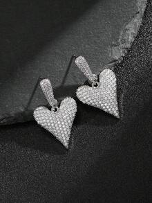 2pcs European And American Luxury Micro-Inlaid Zirconia Heart Stud Earrings, Fashionable Versatile Elegant Jewelry Suitable For Women's Party, Gathering And Commute Wear - Multicolor - View 3