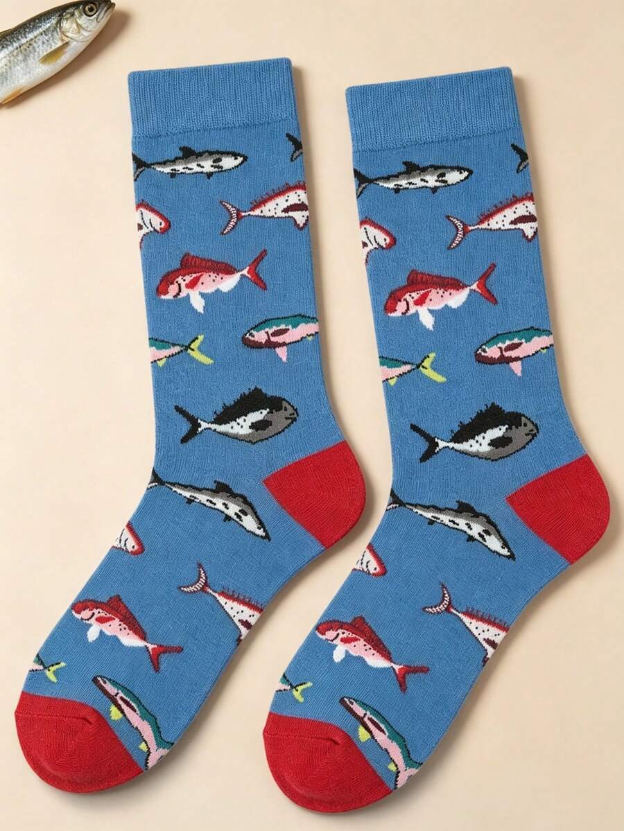 1 Pair Men's Mid-Calf Socks, Colorful Ocean Fish Pattern, Soft & Breathable For Autumn/Winter, Halloween & Christmas Holiday Gift Choice - Multicolor - View 1