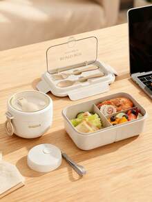 1pc Beige Lunch Box, Beige Oatmeal Cup, Grey Lunch Bag - Multicolor - View 5