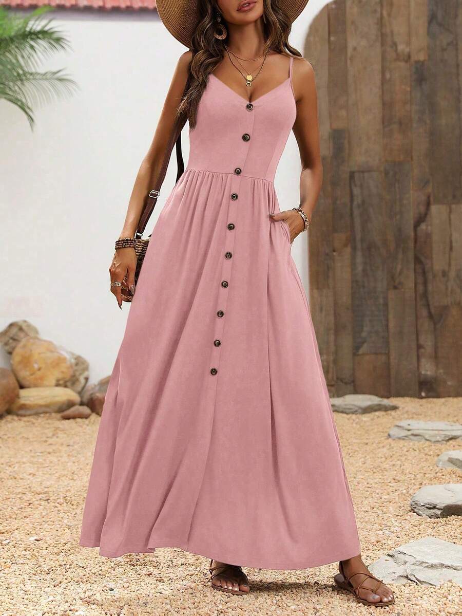 Vestido casual escote en V tipo camiseta con línea A oversize, estilo maxi para playa y vacaciones para mujeres - Rosa Pálido - Ver 1