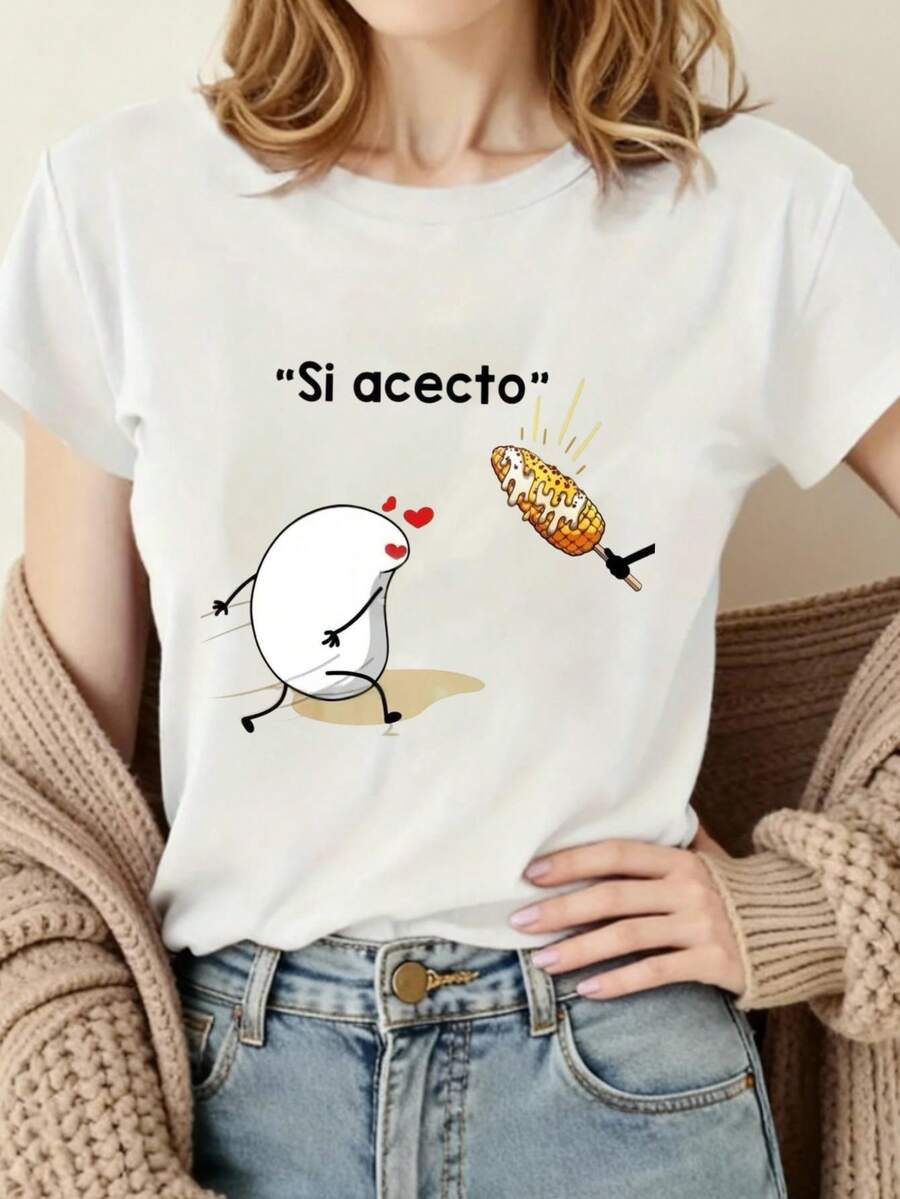 Women's Plus Size Soft Cotton T-Shirt With A Cute Egg And Corn Design, Si Acecto Print, Fun Food And Humor Graphic, Casual Top, Women's Dresses - 白色 - 查看 1