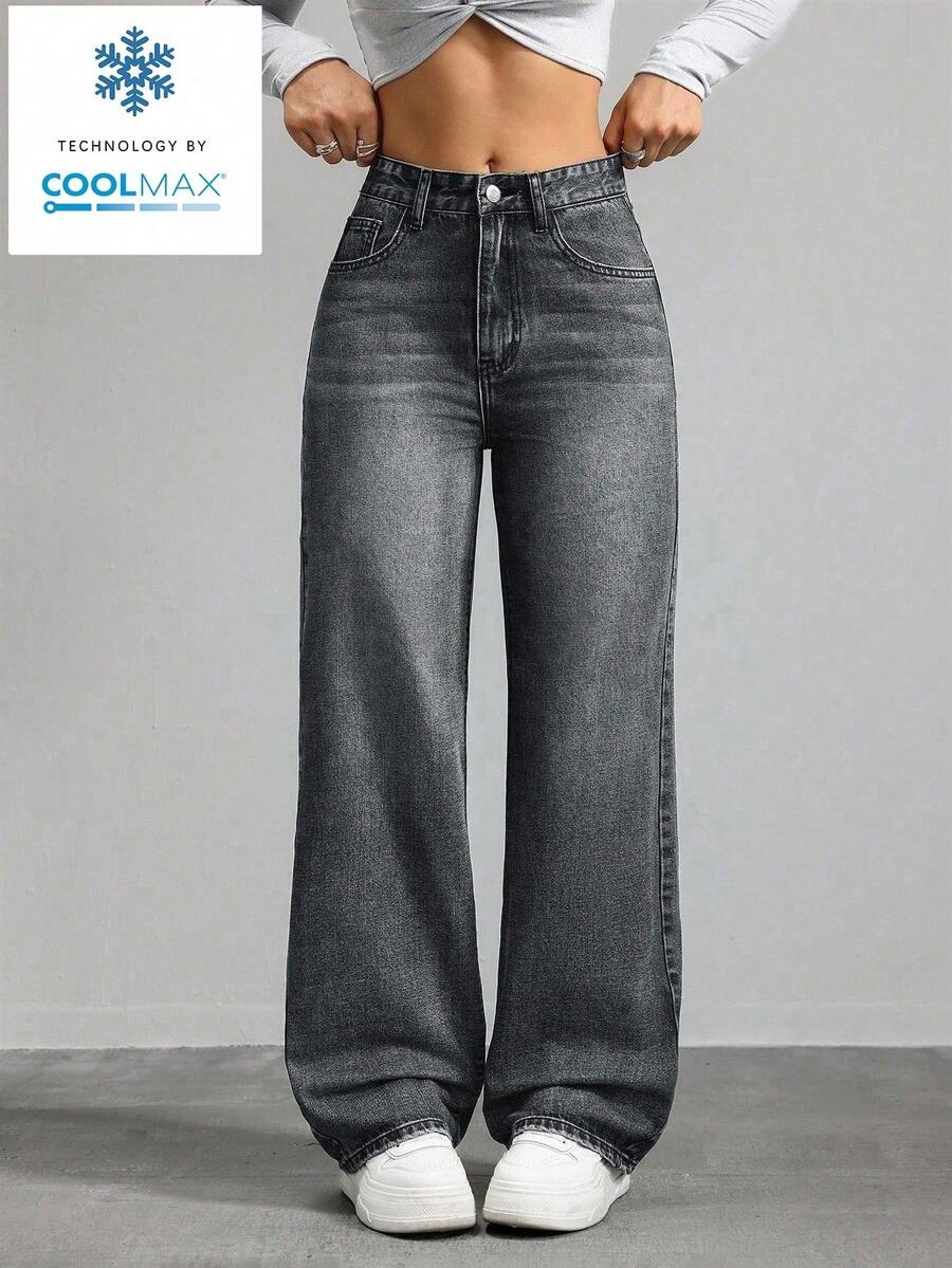ICON Pantalones vaqueros de pierna recta versátiles de unicolor con bolsillo - Gris - Ver 1
