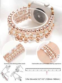 Beaded Bracelet, Compatible With Apple Watch Bands 41mm 40mm 38mm 42mm 44mm 45mm 49mm, Women's Version, Golden Beads, Handmade Elastic Strap, Suitable For Series SE 9 8 7 6 5 4 3 2 1, Couple Gift, Golden Bracelet Set - Rose Gold Pearl White - View 2