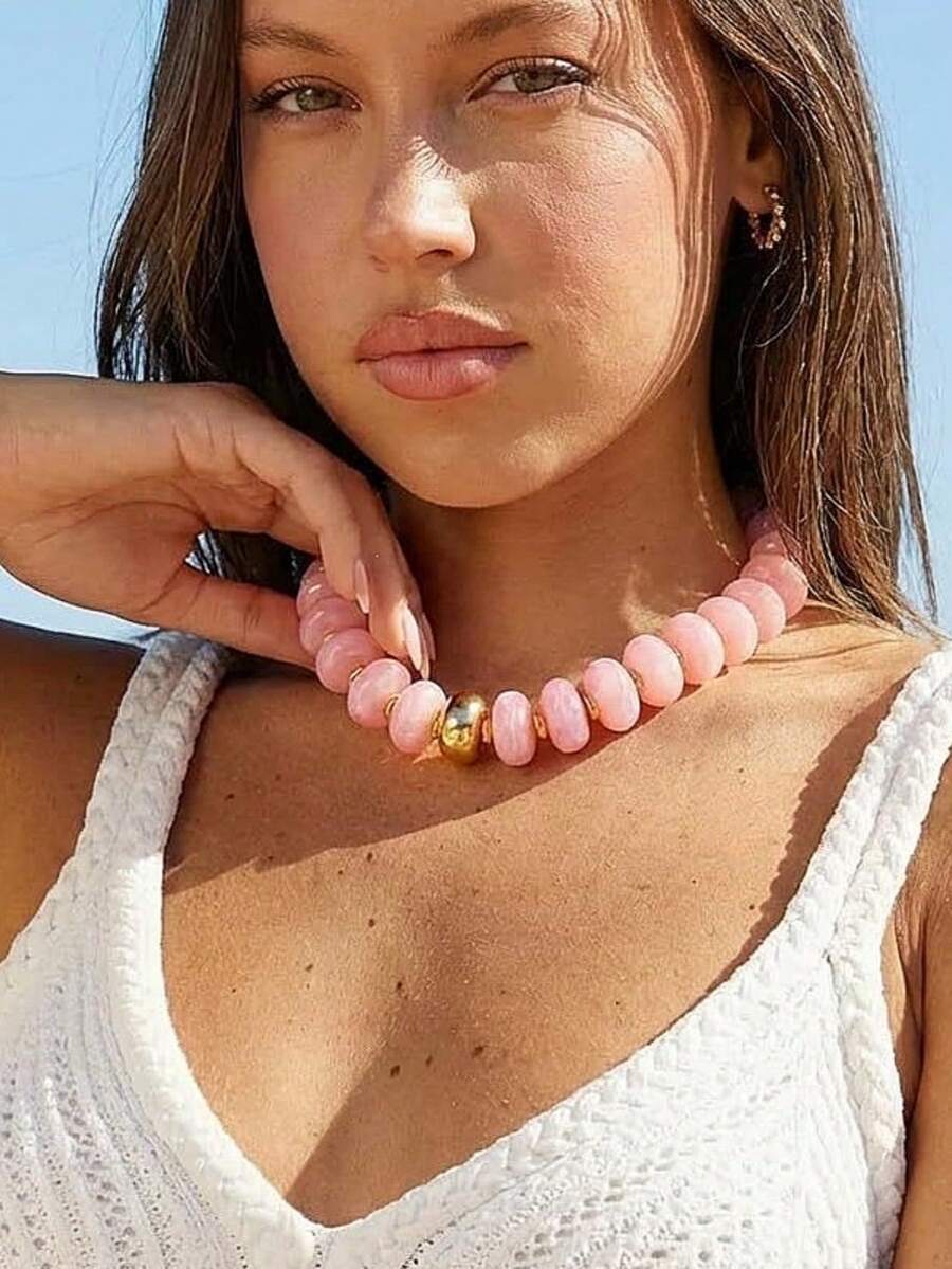 1pc Pink Resin Beaded Necklace, Fashion Minimalist Bohemian Style Choker Necklace, Suitable For Women's Daily Wear And Vacation - Pink - View 1