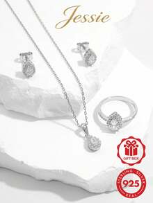 Vaerine 1套優雅奢華閃耀經典925銀鋯石水滴珠寶套組，適合宴會婚禮，配對禮物 - 水滴套裝 - 查看 1