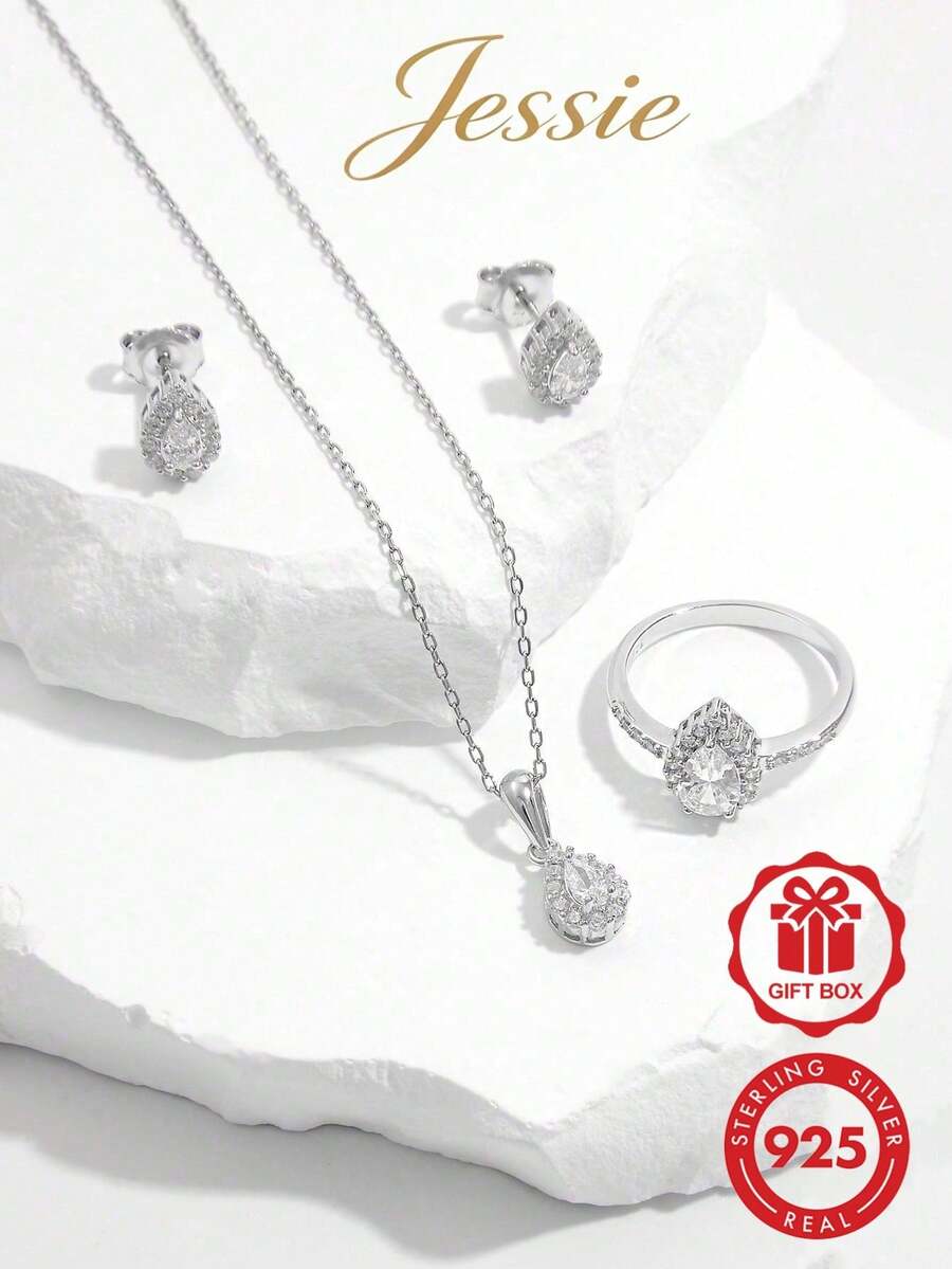 Vaerine 1套優雅奢華閃耀經典925銀鋯石水滴珠寶套組,適合宴會婚禮,配對禮物 - 水滴套裝 - 查看 1