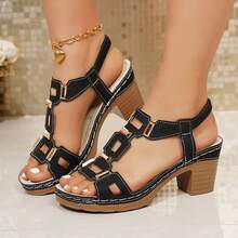 Plus Size Women's Retro Solid Color Buckle Platform Wedge Sandals,Summer Shoes - Black - View 9