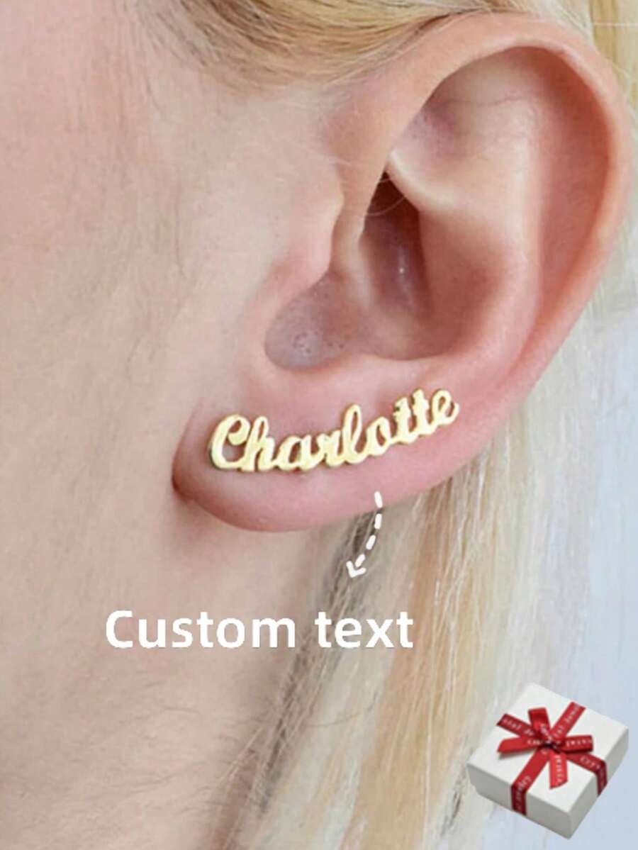 Pendientes personalizados con nombre para mujer de acero inoxidable dorado con letras cursivas en forma de arco, amuleto personalizado, regalo de joyeríde cumpleaños para la esposa - Estilo de doble capa dorada 2 - Ver 1