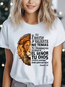 Camiseta de león inspirador, mezcla de poliéster con ligero estiramiento, cuello redondo, mangas cortas, estilo casual para todas las estaciones - 95% poliéster, 5% elastano - Blanco - Ver 2