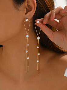 pares de pendientes de moda elegantes y minimalistas en blanco y naranja, de plástico ABS, con perlas sintéticas irregulares de estilo barroco en forma de corazóy perlas en forma de guis - Multicolor 3 - Ver 1