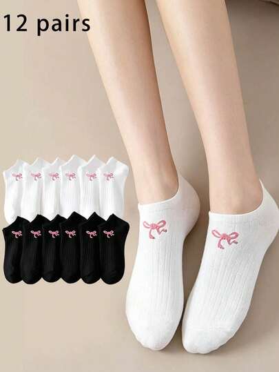 12 Pairs Women's Pink Bow Short Socks, Spring/Summer Casual Sports Socks, Black And White Socks, Pink Bow Boat Socks