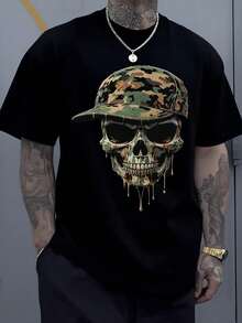 Craneo con gorra camuflada y goteo dorado representa la esencia del guerrero urbano la individualidad audaz y una presencia inconfundible simbolo de resistencia y moda callejera camiseta de - Negro - Ver 1