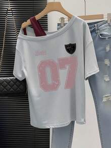 White One Shoulder Short Sleeve T-Shirt Women, Women's One Shoulder Slimming Daily Commute Versatile Base Layer Casual Summer - Light Grey - View 2