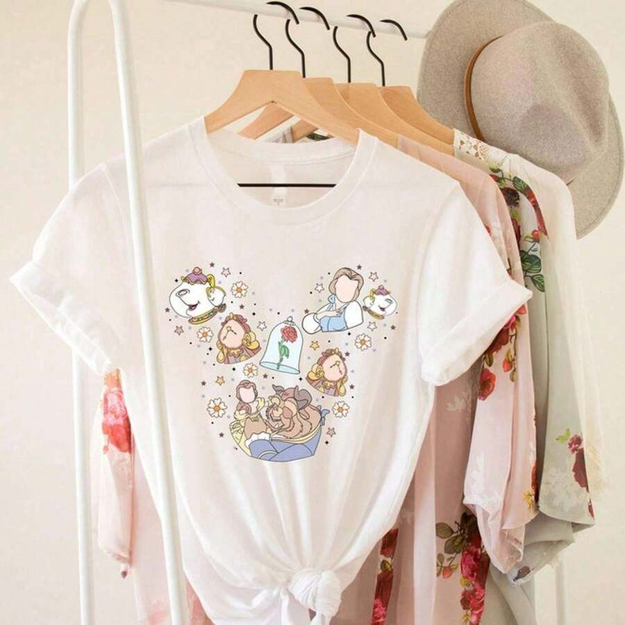 Playera Holgada con Diseño de Personajes Kawaii Florales Manga Corta Casual Estilo Japonés Urbano Moda Streetwear Alternativo Top Blusa Chica - Blanco - Ver 1