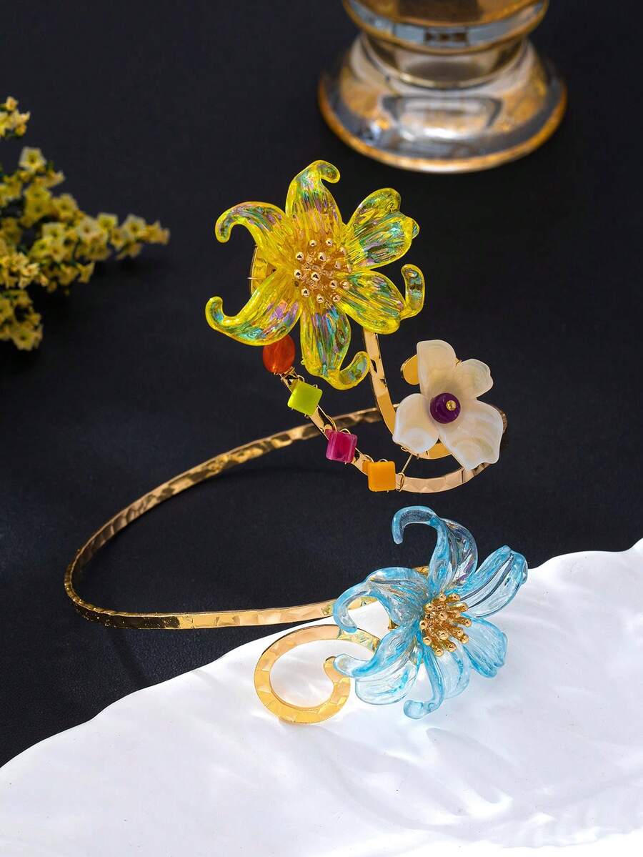 1pc Yellow Vibrant Heavy-Duty Handmade 3D Flower Arm Cuff With Contrast Beaded Design, Open Adjustable Bracelet - Multicolor - View 1