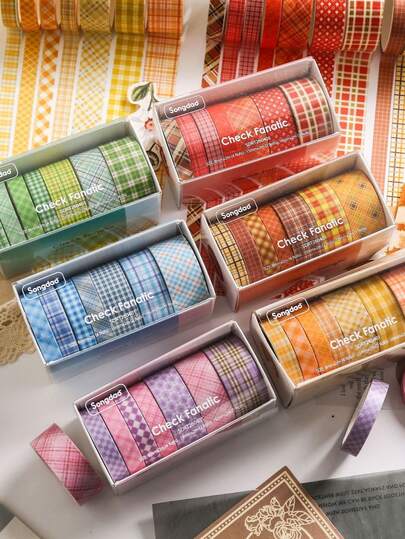 7rolls Plaid Series Washi Tape Set, Vintage Colorful Grid Masking Tape, Rich Color Matching, Great For Diary DIY Decoration, Gift Wrapping And Handmade Crafts