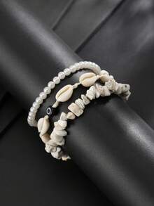 3pcs/Set Men's Beach Layered Bracelet Set: Seashell, Pearl, Evil Eye Stone Beaded Bracelets, Bohemian Style Vacation And Daily Wear Jewelry - White K - View 9