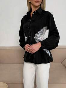 Women's All-Season Solid Color Lace Patchwork Back Tie Long Sleeve Blouse - Black - View 5