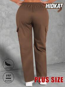Hidkat Plus Size Women's Spring/Autumn Letter Print Cargo Pants With Drawstring Waist, Suitable For Casual Outdoor Wear Sports - Camel - View 4