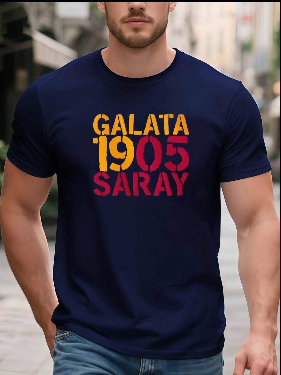 1 Pack Of Men's Crew Neck T-Shirts, Casual Style, With Galata 1905 Saray Letter Print, Adult Clothing Suitable For Adult Men, Daily Wear, Sportswear - 黑色 - 查看 1