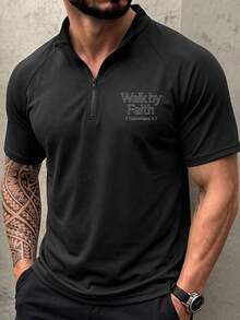 男士 1/4 拉鍊短袖修身 T-shirt 信仰金句印花休閒日常上衣 - 黑色 - 查看 1