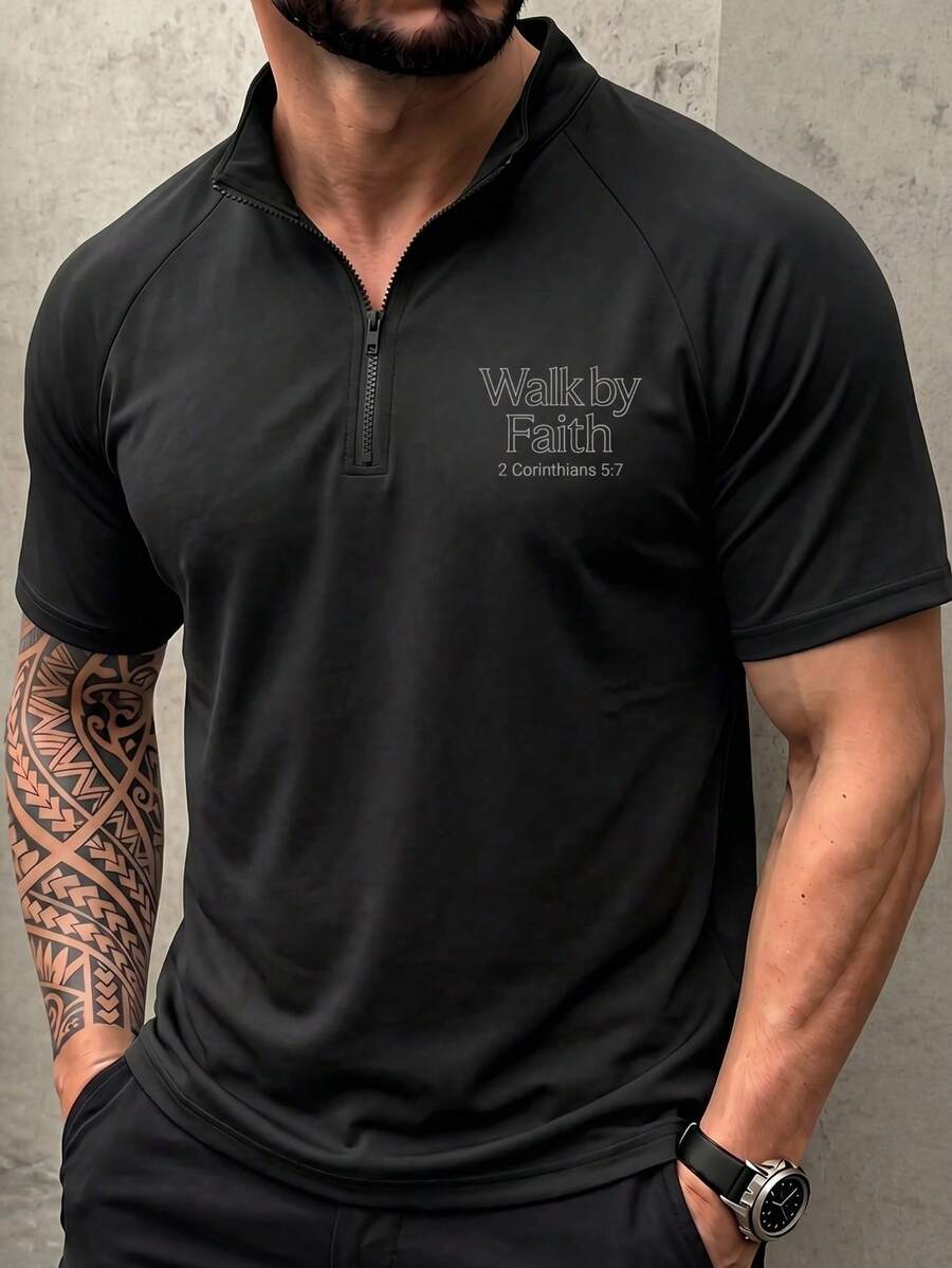 男士 1/4 拉鍊短袖修身 T-shirt 信仰金句印花休閒日常上衣 - 黑色 - 查看 1