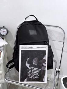 Pure Black Casual Backpack, Waterproof Nylon Fabric, Side Drawstring Pocket, Minimalist Style, Suitable For Teenagers Travel And Daily Use - Black - View 6