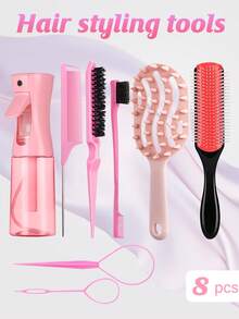 8pcs Curly & Straight Hair Comb Set, Continuous High Pressure Spray Bottle, Long Handle Hollow Hair Washing Massage Comb, 9-Row Comb, Tail Comb, Dual-Ended Eyebrow Comb, Teasing Comb, Hair Braiding Tool, Styling Tools - G1 - View 11
