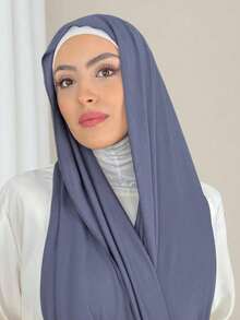 1 Piece Of Solid Color Soft Jersey Hijab, Pure Long Scarf For Women. - 藍色 - 查看 1