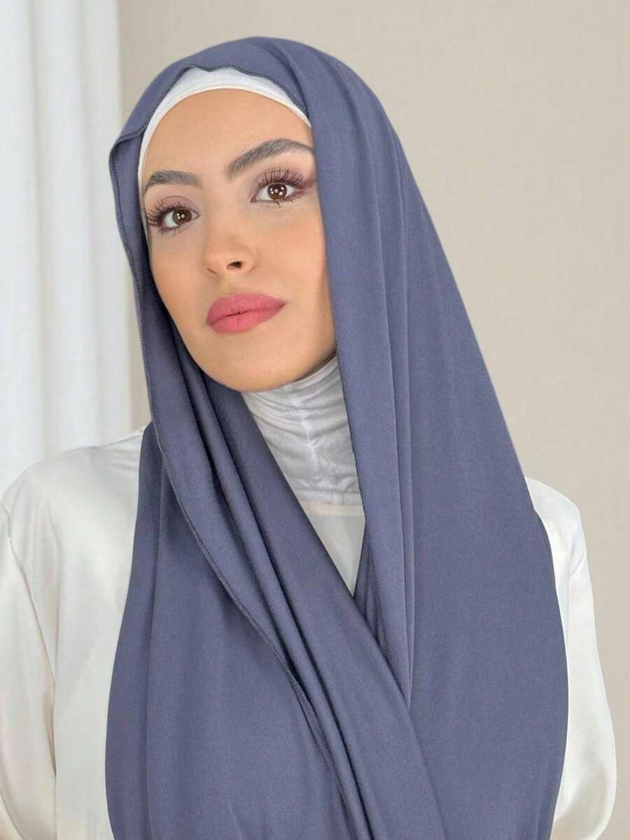 1 Piece Of Solid Color Soft Jersey Hijab, Pure Long Scarf For Women. - 藍色 - 查看 1