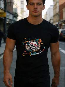 diseño de calavera pirata + eslogan de estilo náutico, camiseta para adulto con diseño de ancla náutica, manga corta, camiseta de moda para hombre, versátil para uso diario - Negro - Ver 6