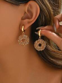 par de pendientes colgantes bohemios hechos mano con cristales y cuentas coloridas para uso diario de mujeres. - Champán - Ver 5