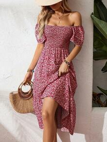 New Cross-Border Success In Europe And America: Long Floral Dress With Square Neck And Puff Sleeves. - Hot Pink - View 1