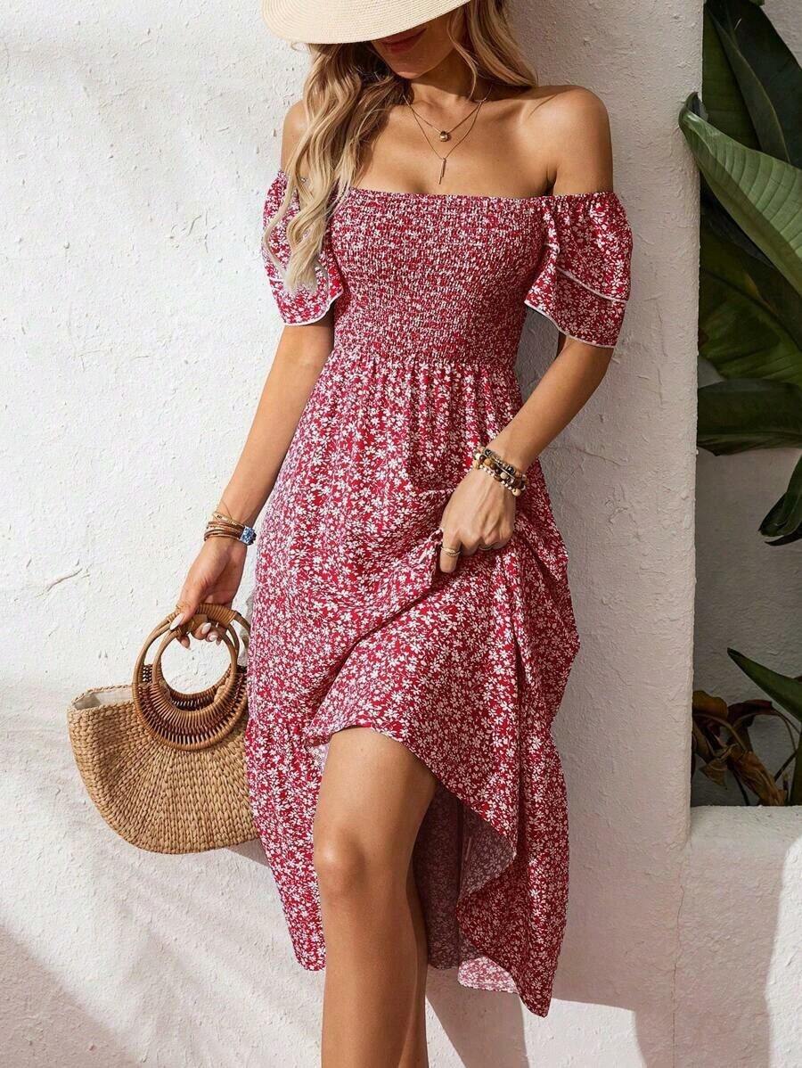 New Cross-Border Success In Europe And America: Long Floral Dress With Square Neck And Puff Sleeves. - Hot Pink - View 1