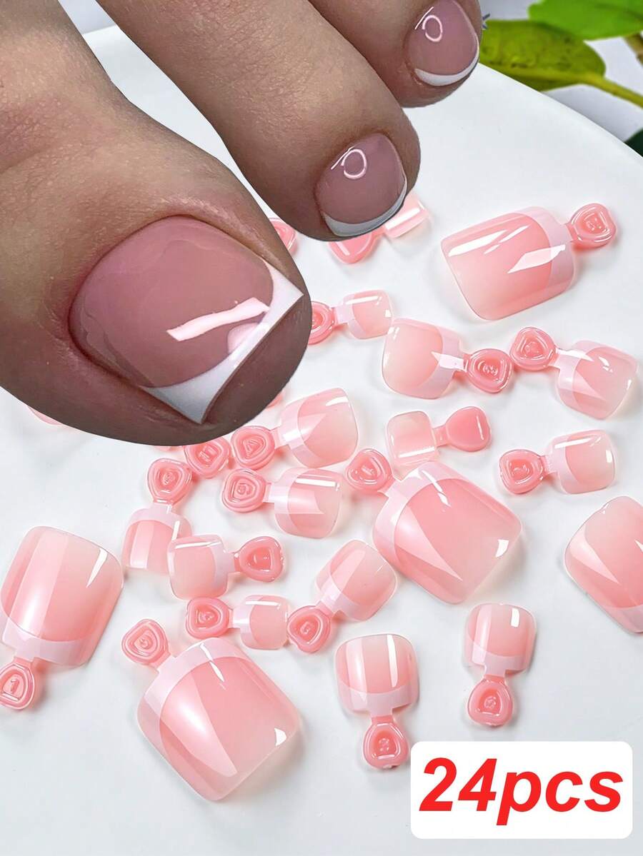 24 piezas de uñas postizas para los pies de color rosa nude con punta francesa, forma cuadrada corta, punta francesa blanca, cobertura completa, 12 tamaños, reutilizables, para mujeres, para uso diario, verano, playa, turismo, decoración de manicura con pegamento de gelatina y tiras adhesivas