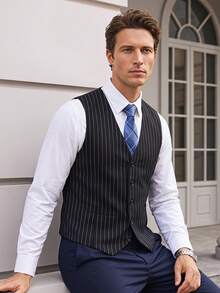 Officeau Men's Old Money Black & White Striped Waistcoat, For Business Formal/ Evening - Black - View 1