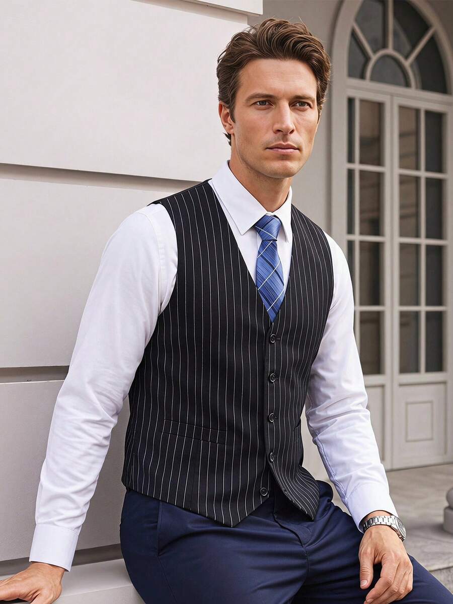 Officeau Men's Old Money Black & White Striped Waistcoat, For Business Formal/ Evening - Black - View 1