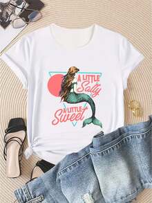 Oversize Camiseta con Diseño de Sirena Kawaii Retro Manga Corta Casual Moda Juvenil Estilo Vintage Aesthetic Verano Blusa Gráfico - Blanco - Ver 1
