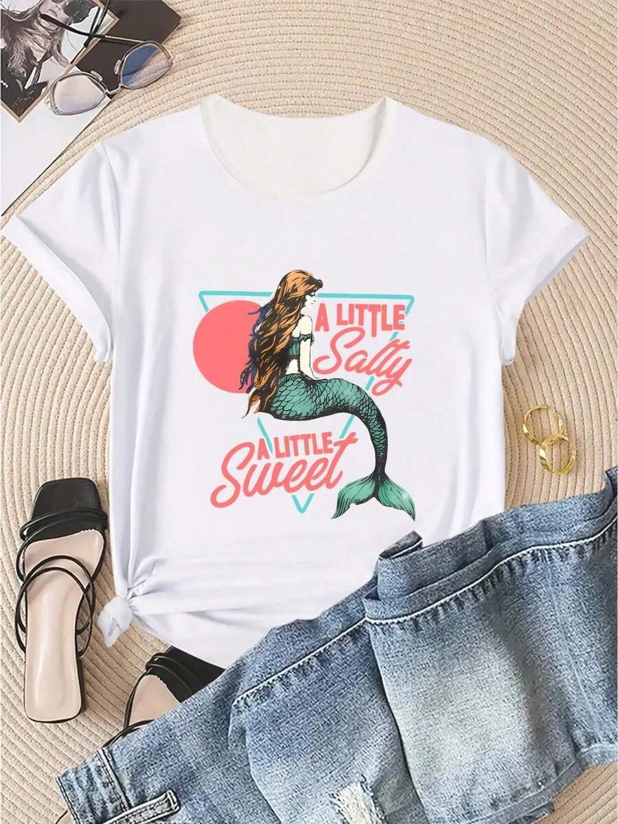 Oversize Camiseta con Diseño de Sirena Kawaii Retro Manga Corta Casual Moda Juvenil Estilo Vintage Aesthetic Verano Blusa Gráfico - Blanco - Ver 1