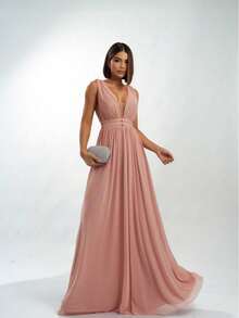 Micro Tulle Long Party Dress Simple Zipper Party Wedding - Rosa - Ver 2