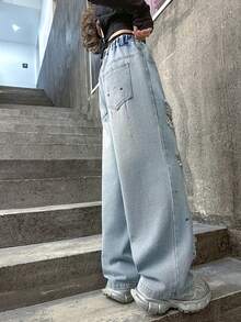 Girls' Fashion Distressed Graffiti Print Casual Denim Jeans - Medium Wash - View 8