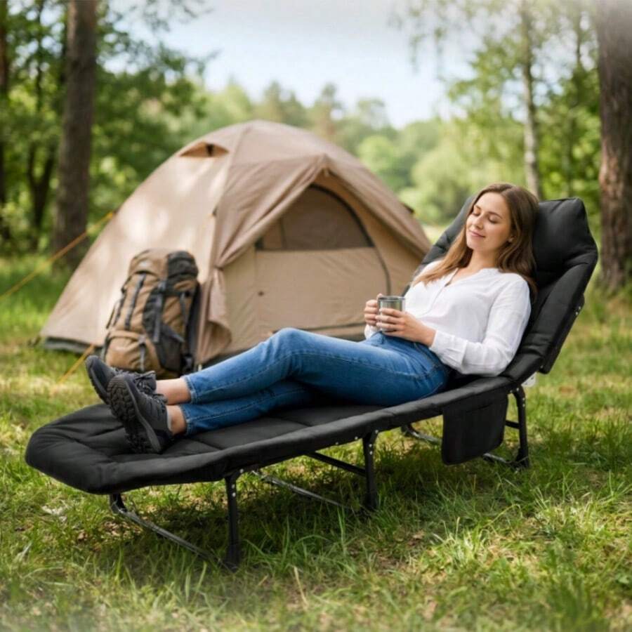 Outdoor Folding Lounge Chair, Camping Nap Bed, Thick Pillow Leisure Chair - Black - View 1