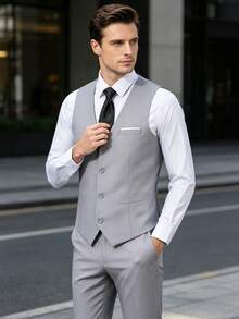 WindsorQuad Chaleco de traje para hombre, chaleco de contraste de caballero, conjunto de chaleco y corbata de traje de boda de corte slim de moda, de una sola hilera, para ocasiones formales como negocios, fiestas, viajes, graduación, color gris claro - Gris Claro - Ver 2
